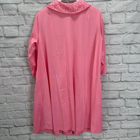 Vintage Shadowline 3/4 Sleeve Button Robe Bright Pink Size M Lace Detail Pockets - Picture 2 of 6